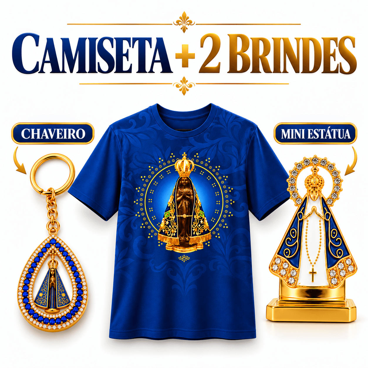 Kit Devocional de Nossa Senhora Aparecida: camiseta, chaveiro e santinha